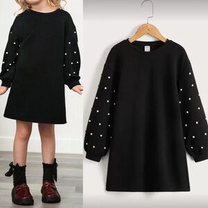 SHEIN Black Dress with Pearl Embellished Lantern Sleeves